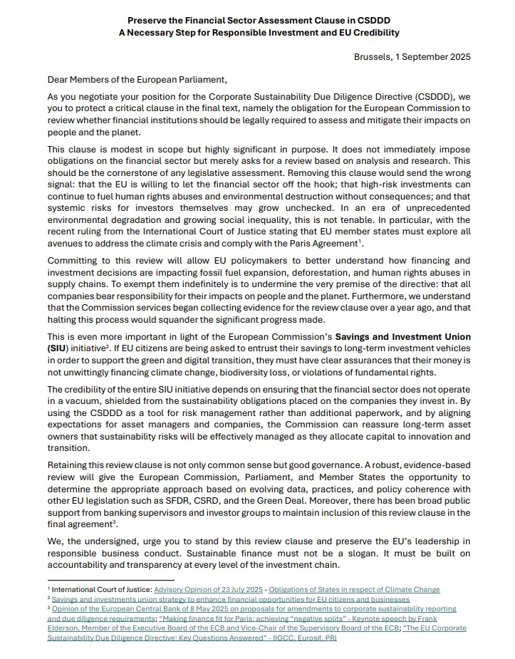 Open letter from 32 organisations, including EIRIS Foundation, outlining calls to preserve financial sector assessment in CSDDD - seen as a necessary step for responsible investment and EU credibility